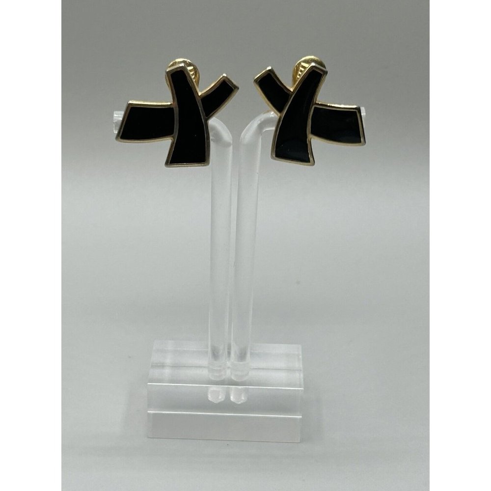 Vintage Monet Clip-on‎ Earrings Gold & Black Enameled X 1980s Statement NH